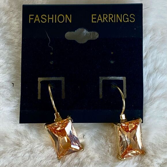 Champagne CZ Yellow Gold Flashed Sterling Silver Emerald-Cut Leverback Earrings - Picture 2 of 6